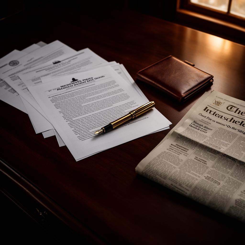 Policy papers and fountain pen on a mahogany desk